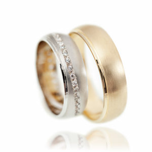 Women’s White Gold Diamond Wedding Band with a brush finish and Men’s Yellow Gold brush finish Wedding Band