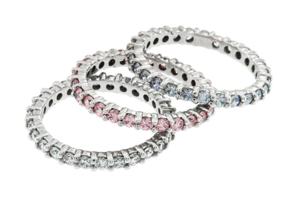 White Gold Eternity Bands with Diamonds, Pink Tourmaline and Blue Topaz