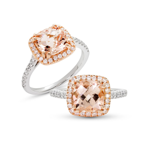 White Gold Diamond and Morganite Engagement Ring Cushion cut Morganite in a Halo and Saw set style