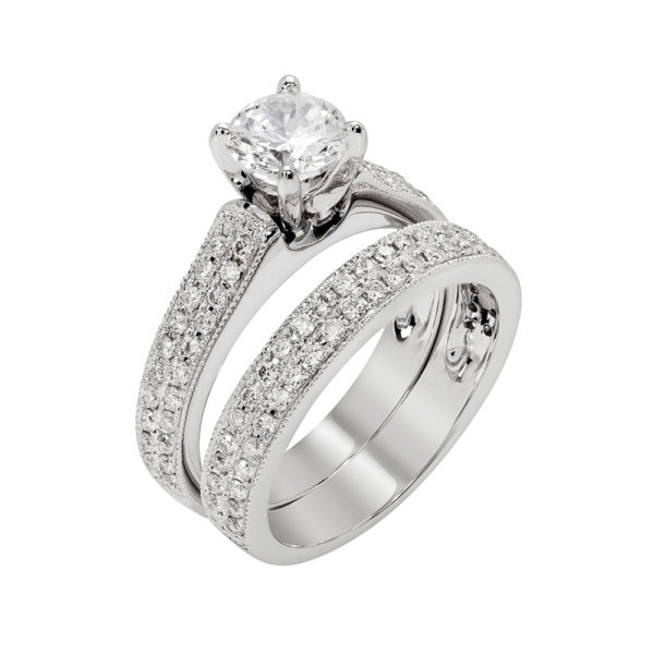Platinum Diamond Engagement Ring Set with double row pave Diamonds and a matching band.