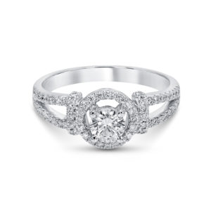 White Gold and Diamond Engagement Ring with a floating Halo and Saw Set Diamonds on the split band.